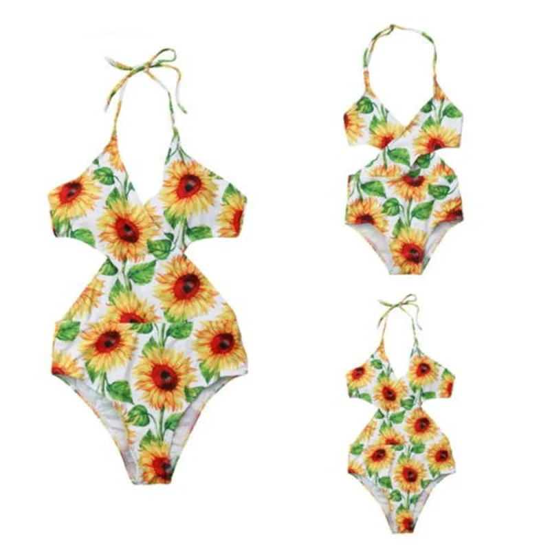 

2019 Swimsuit Mother Daughter Hot Sale Family Matching Swimwear Women Kids Sunflower Printed One piece Bikini New Sexy Bikinis