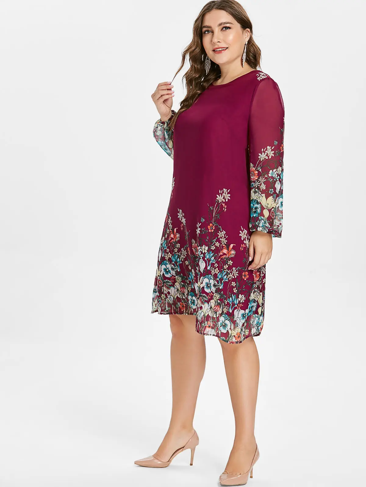 Wipalo Цветочное платье свободного кроя с длинными рукавами, полупрозрачное шифоновое платье 5XL, большой размер, туника