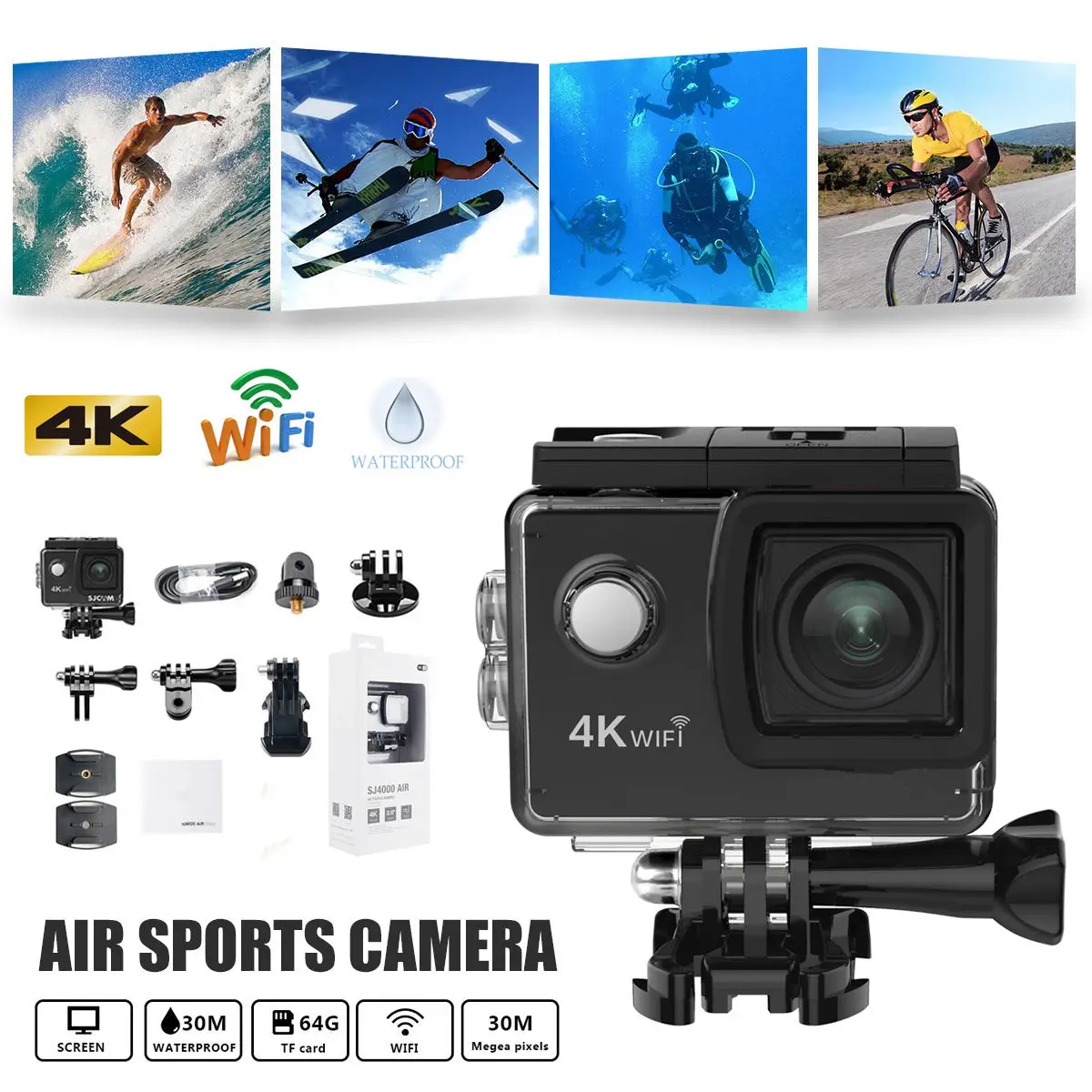

New 2inch LCD Screen and 170Angle Wide Angle 4k 1080P Wifi Action Camera Underwater Waterproof Cam Outdoor Sport Min Camcorder