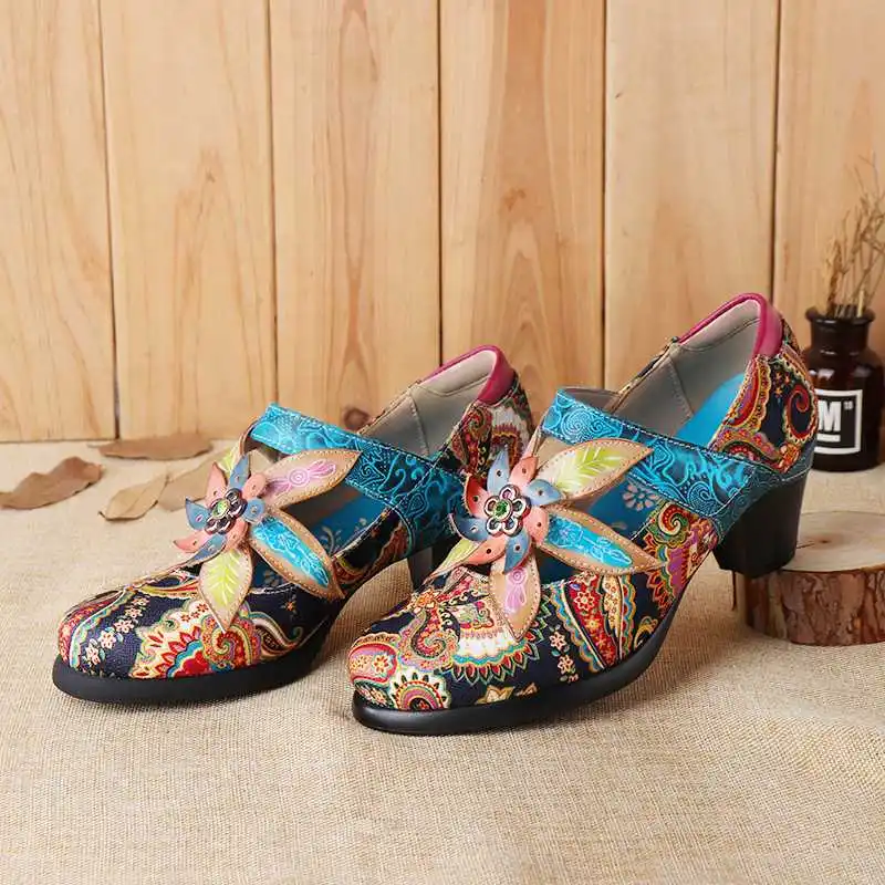 

NIS Printed Bohemian Genuine Leather Pumps Women Shoes Woman Spring socofy Vintage Style Ladies Shoes Flower Hook&Loop High Heel
