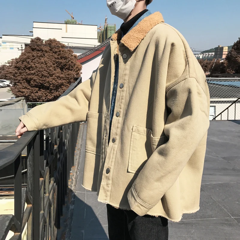

Fashion Men's Autumn And Winter New Personality Cotton Coat M-XXL Lapel Solid Color Youth Plus Velvet Casual Long Sleeve