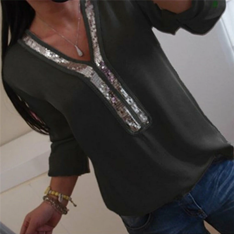 

Women Blouse Plus Size V Neck Blouse Casual Loose Sequin Ladies Tops Women Shirt Top Long Sleeve Blouses Womens Tops And Blouses