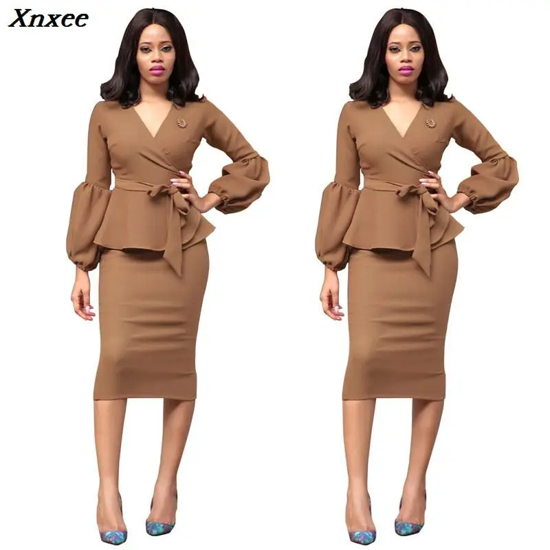 

2019 Autumn Fashion Women Office Dresses Peplum Pencil Dress Lantern Sleeve Formal Business Attire Wear to Work Dresses Outfits