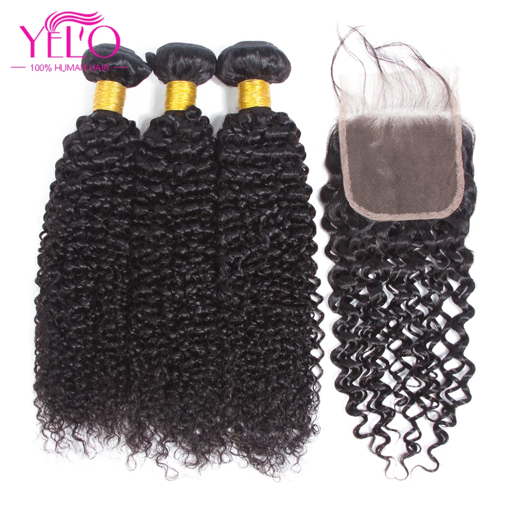 YELO Hair Malaysian Afro Kinky Curly Human Hair Weave Non Remy Hair Extensions 100% human hair color1B# 3 Bundles With Closure