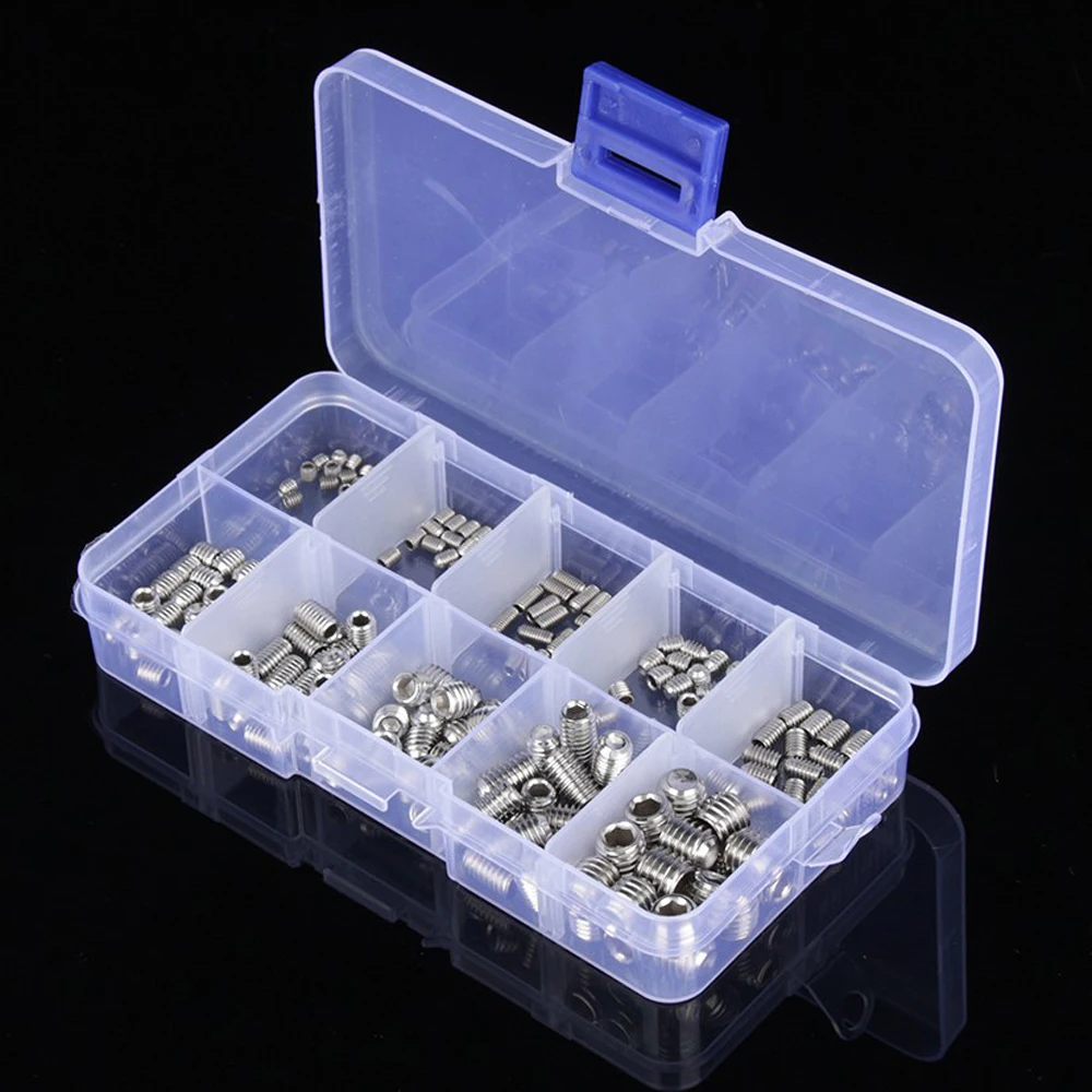 

New 200pcs M3 M4 M5 M6 Stainless Steel Flat End Locking Head Screw Flat Inner Six Hex Screws Set Nut Allen Grub Screw Assortment