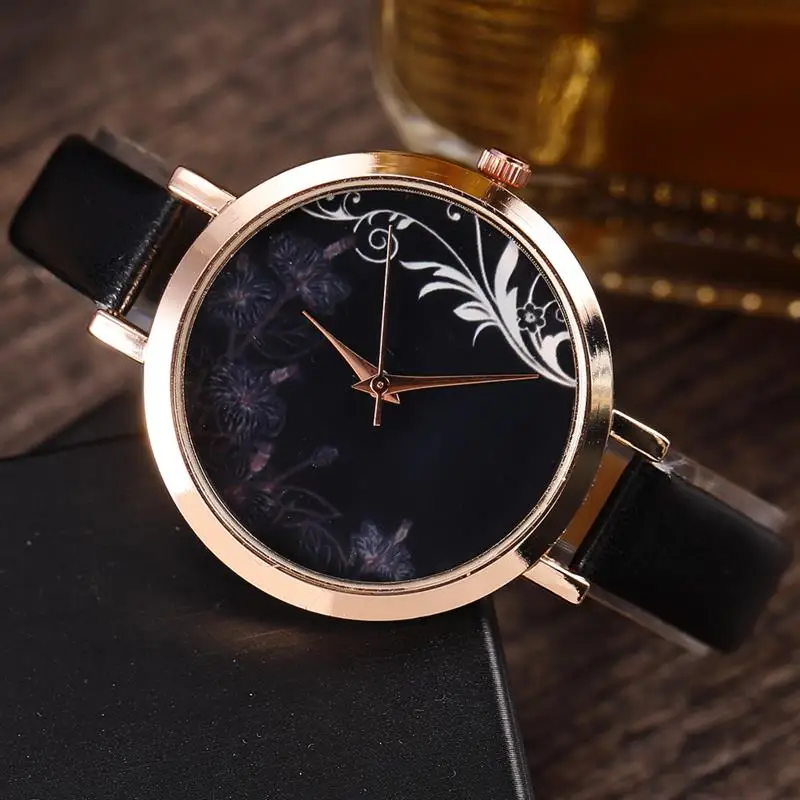 

2019 Women Fashion Black Leather Strap Analog Quartz Watch Ladies Luxury Rose Gold Dress Watches For Women Jewelry Gift