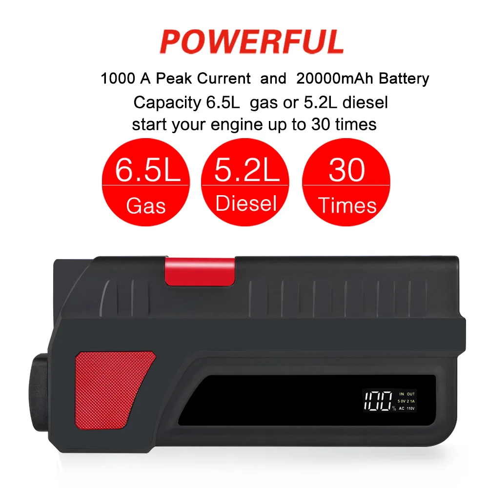 1000A Car Jump Starter Battery Pack 85W Portable Generator Power Station Home Camping Emergency Power Supply 110V 220V AC DC 12V