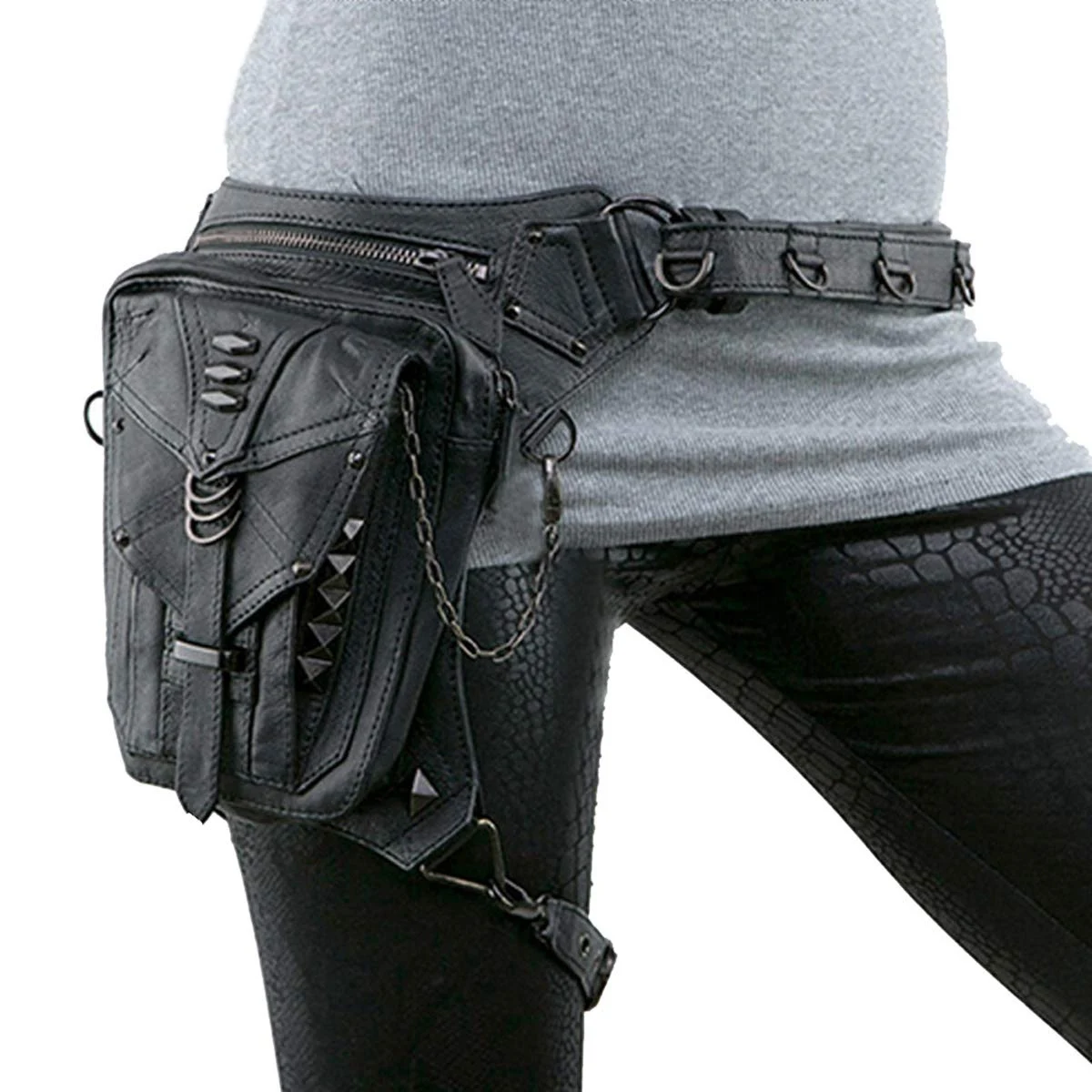 

Black Gothic Rock Pu Leather Steampunk Handbag Waist Pack Vintage Punk Shoulder Messenger Bag