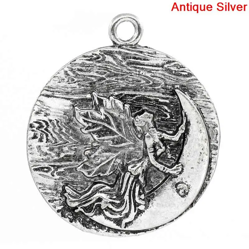 

Lovely Charm Pendants Round Antique Silver Angel & Moon Pattern Carved 4.5x3.9mm,5PCs (B25664)