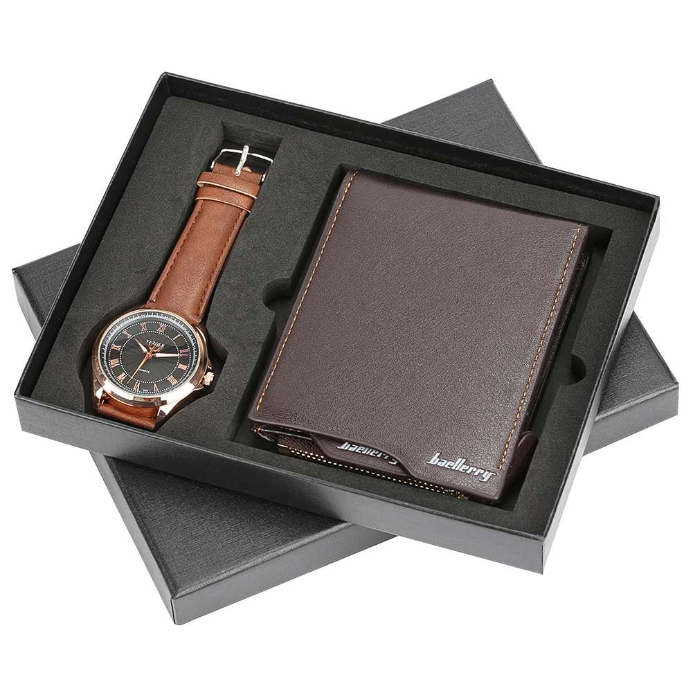 

Men Watch Leather Watch Band Quartz Wrist Watch with Business Roman Number High-capacity Soft Wallet Gift Set for Father