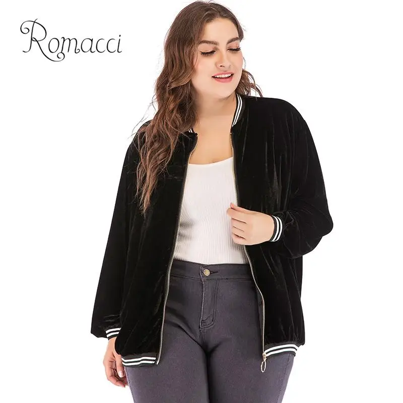 

Romacci Women Plus Size Bomber Jacket XXXL 4XL Velvet Contrast Stripes Zipper Long Sleeve coat women Loose Casual Outerwear 2019
