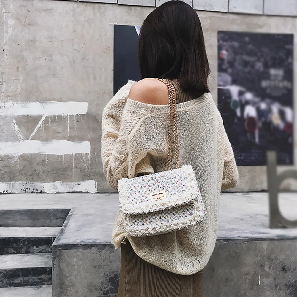 

Fashion Women Pearl Crossbody Bag Ladies Winter Tweed Wool Chain Flap Bag Handbag 2018 Mini Elegant Sweet Messenger Chain Bag