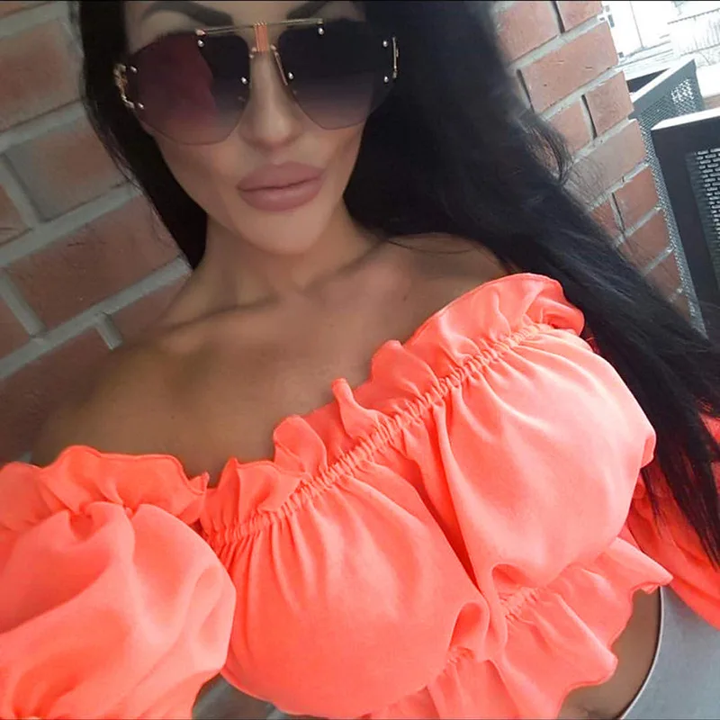 

DEAT 2019 summer sexy neon green orange long lantern sleeve slash neck short top women t shirt ME541