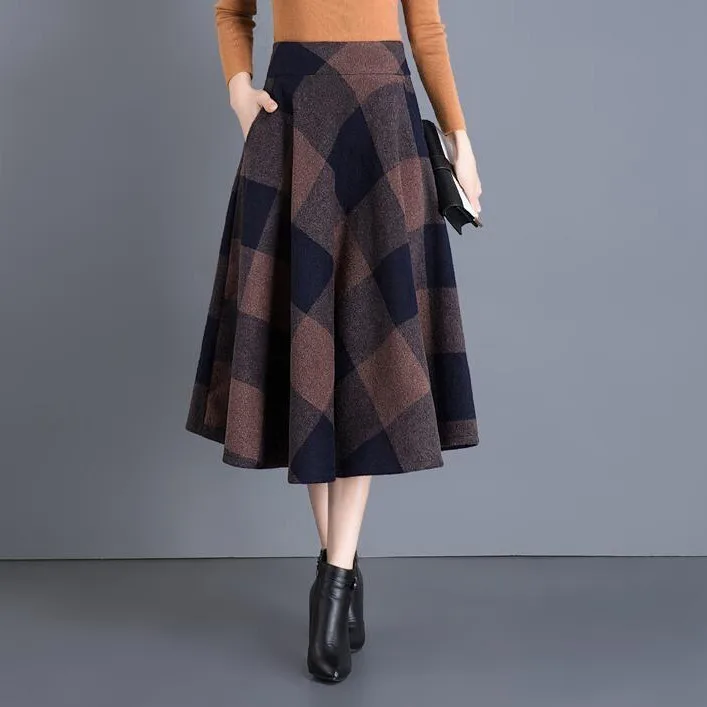 

#0203 Autumn Winter A-Line Plaid Wool Skirts Womens Temperament High Waist Elegant Pleated Midi Skirts Ladies Plus Size 3XL