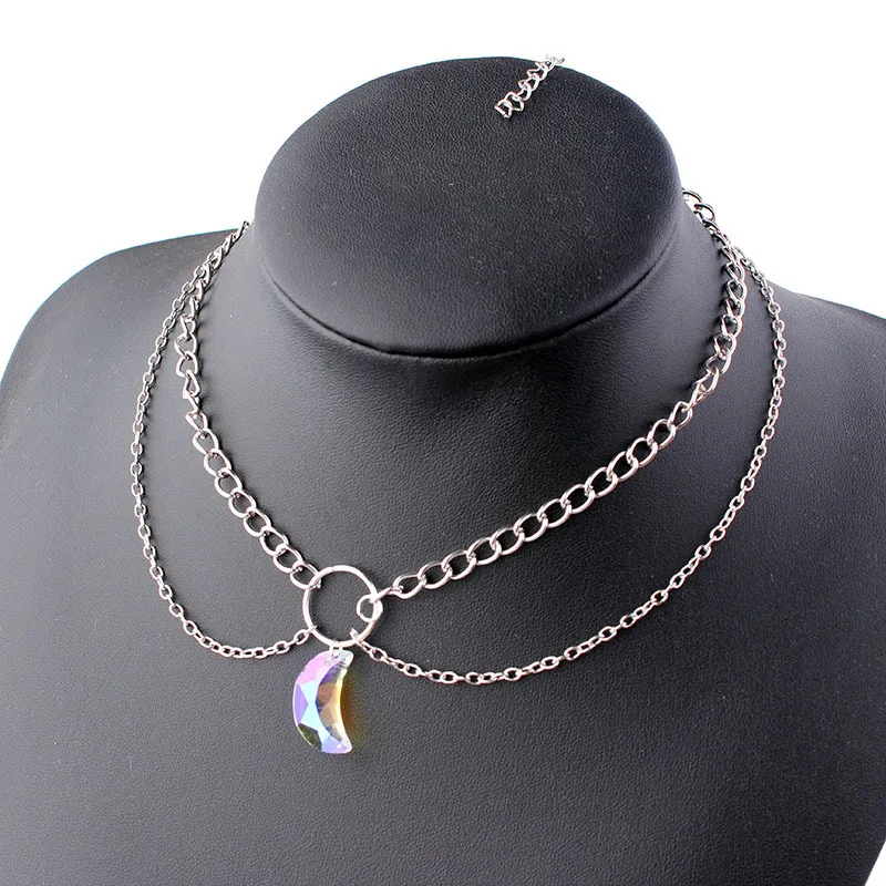 

Sale Crystal moon pendant chain multi-layer necklace silver half moon necklace witch pagan jewelry