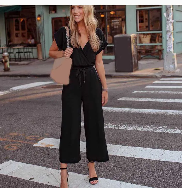 Sexy Short Sleeve Women Jumpsuit 2019 Summer V neck Long Black Overall ...