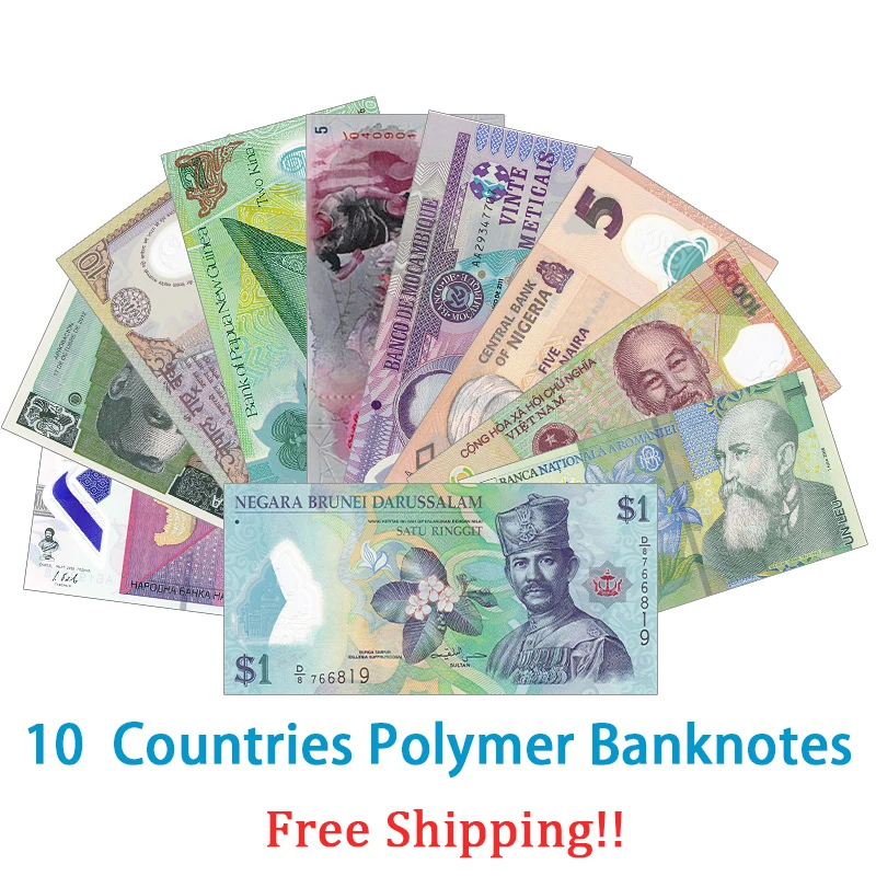 Goede Gratis verzending! Lot 10 PCS Polymeer Bankbiljetten Set van 10 Verschillende Landen, UNC, Gift, Collectie, Originele Notities