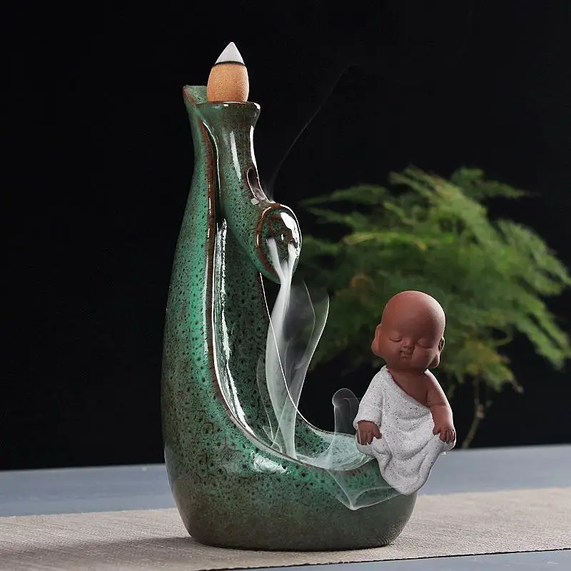 

Smoke Waterfall Backflow Incense Burner Ceramic Little Monk Stick Incense Holder Aromatherapy Buddha Censer Creative Home Decor