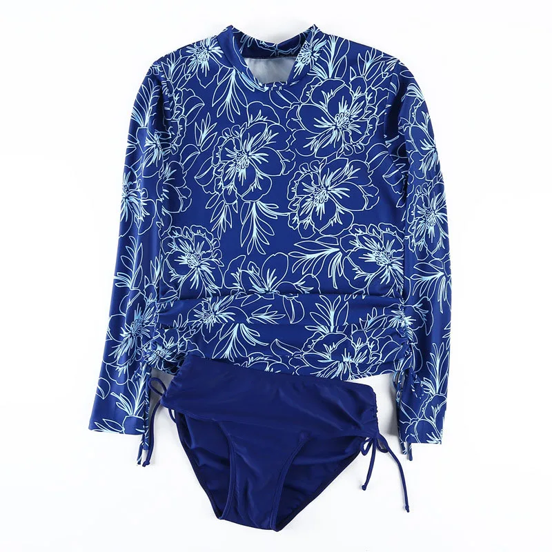 

5XL Big Size Conservative Swimwear Plus Size Swimsuit Flower Print Wire Free Tankini Female Long Sleeve Swimming Suit 4XL 3XL