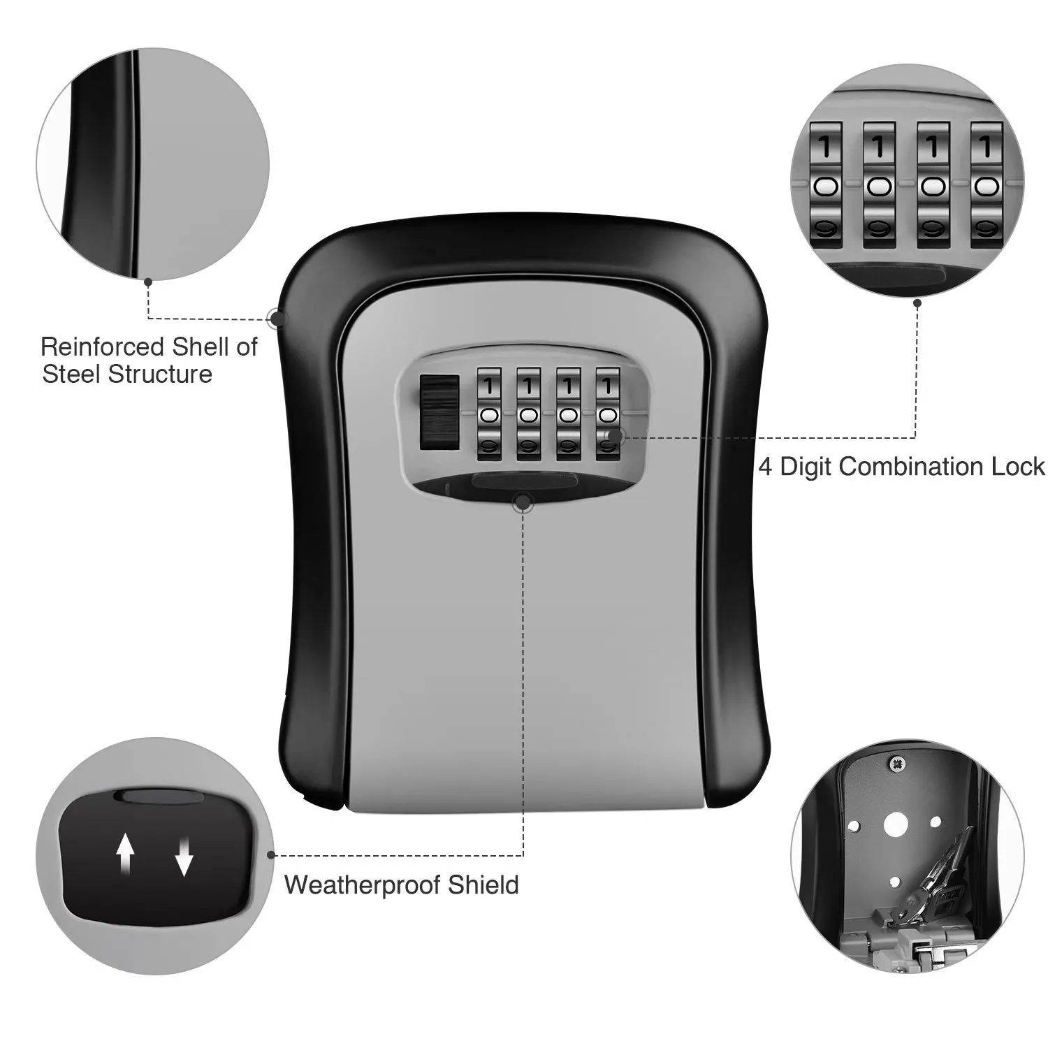 Mool Key Lock Box Wall Mounted Key Safe Box Weatherproof 4 Digit Combination Key