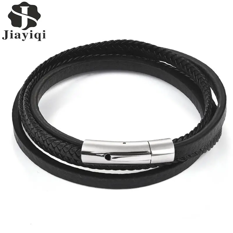 

Jiayiqi Fashion Male Multilayer Rope Bracelet Black Braided Leather Chain Stainless Steel Clasps Bangles Punk Man Jewelry Gifts