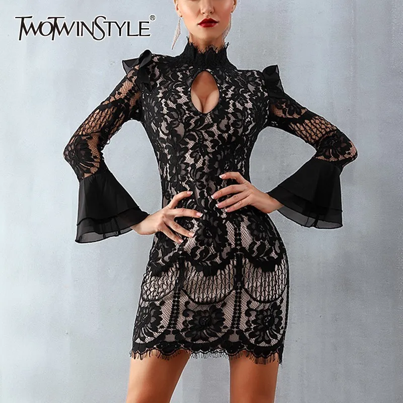 TWOTWINSTYLE Пикантные мини кружево платье для женщин Стенд Flare с длинным рукавом