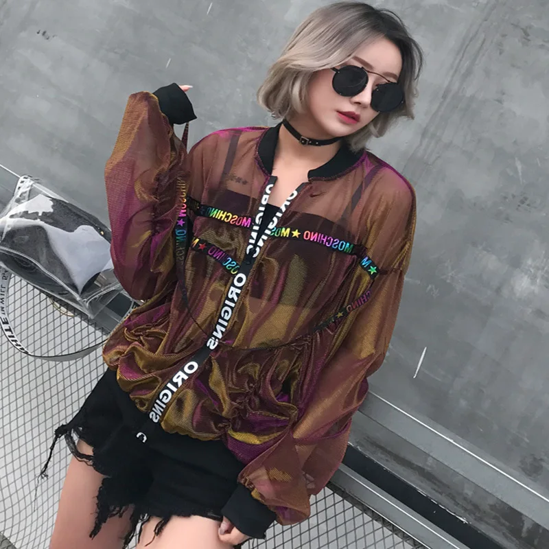 #3169 Sunscreen Transparent Jacket Women 2019 Summer Bat Sleeve Lurex Short Coat Female Ribbons Streetwear Hip Hop Windbreaker