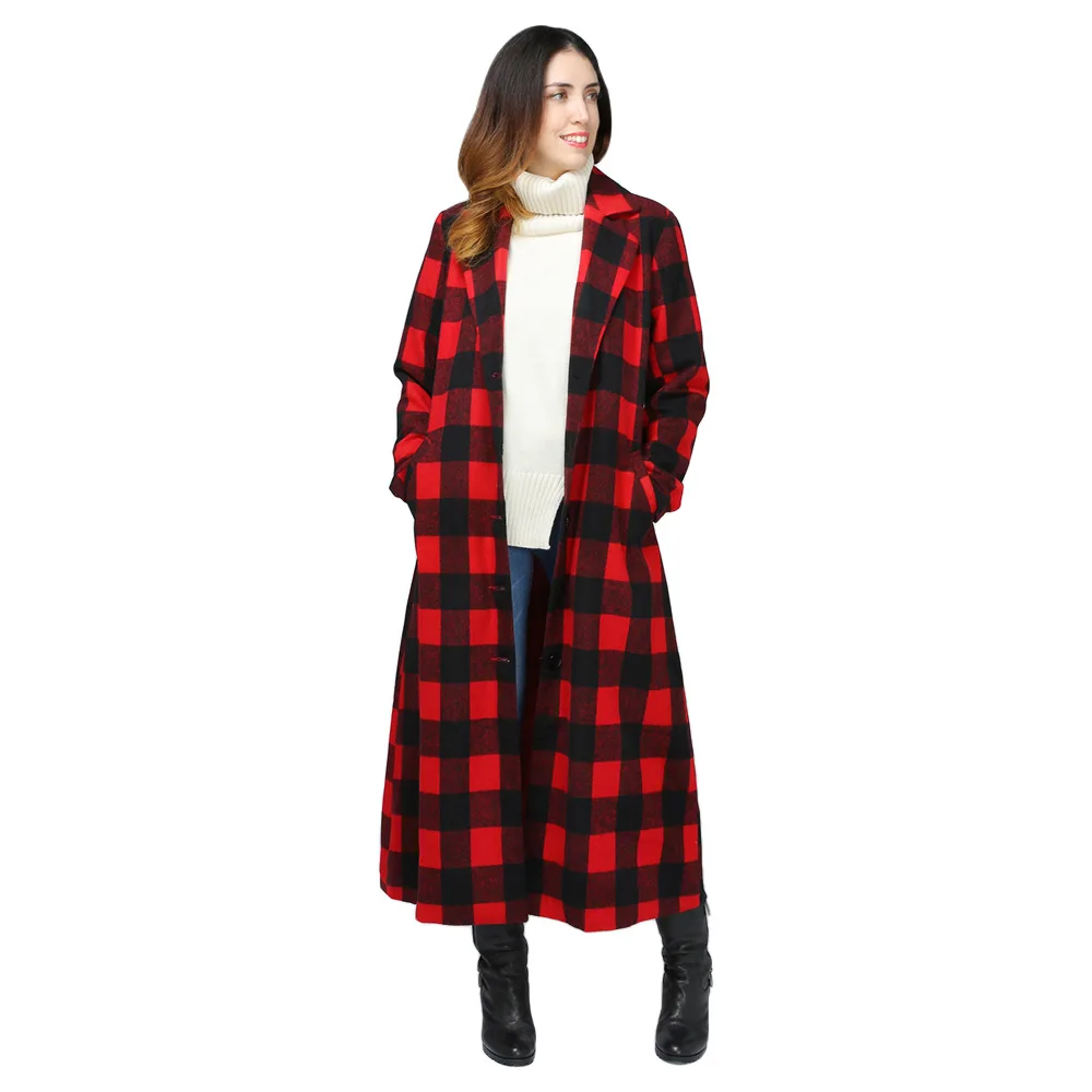 Spring Fall Women'S Wool Plaid Coat Fashion Long Woolen Coat Slim Type