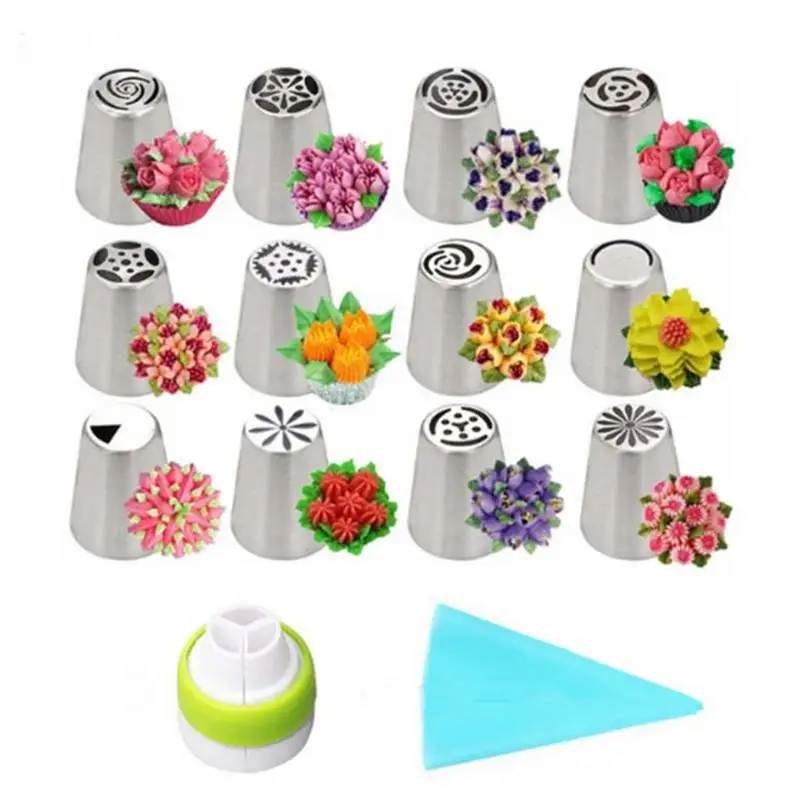 

14Pcs/Set Cake Decorating Tools Russian Tulip Icing Piping Nozzles Large Stainless Steel Pastry Tips Nozzles Converter
