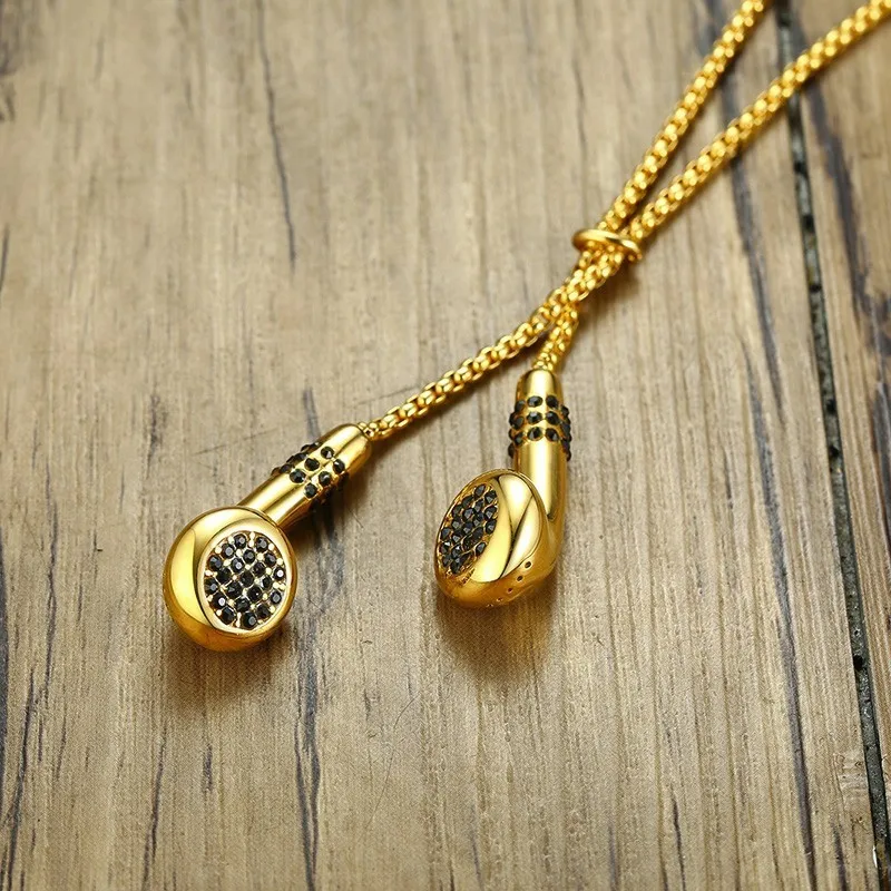 Dropshiping Mens Earphones Pendant Necklace in Golden Stainless Steel