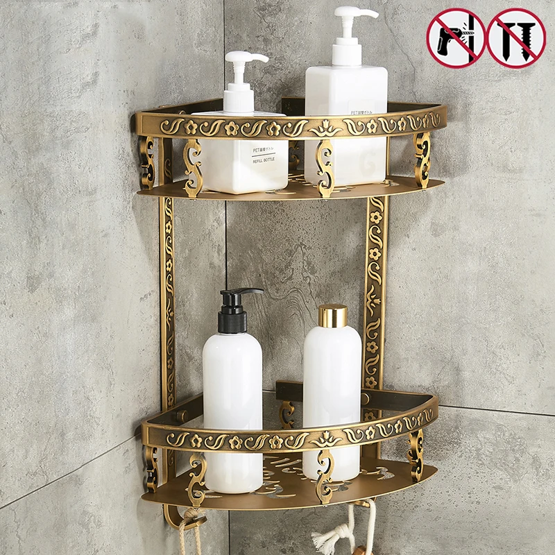 

Nail Free Bathroom Shelves 2 Layer Antique Metal Shower Corner Shelf Wall Mount Shampoo Storage Shelf