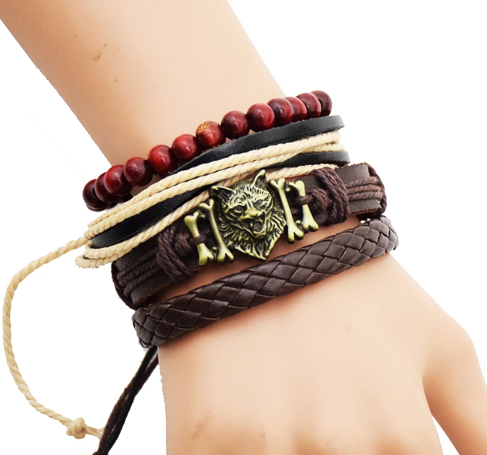 1 Set 4pcs leather bracelet wolf head Men's multi-layer bead bracelet women's retro casual bracelets set jewelry accessories 1 Set 4pcs leather bracelet wolf head Men's multi-layer bead bracelet women's retro casual bracelets set jewelry accessories
