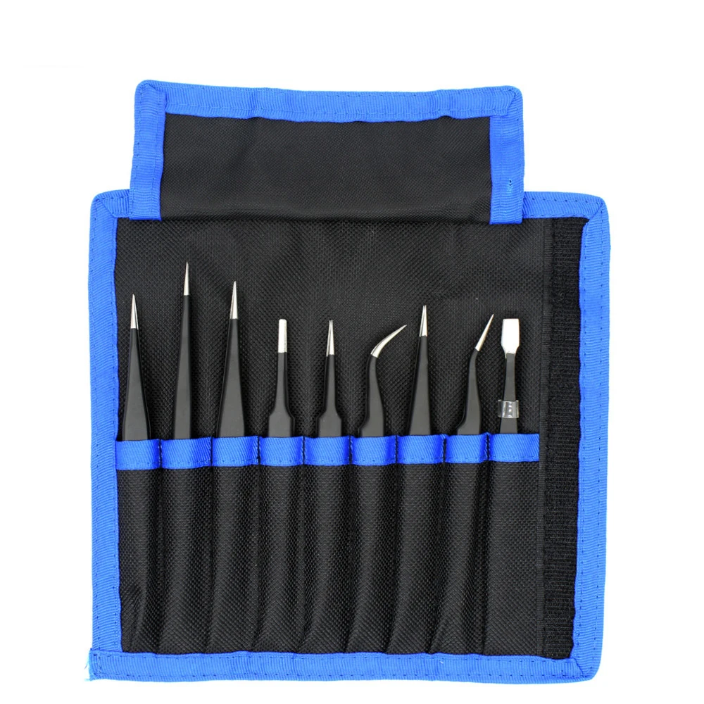 

9pcs ESD Tweezer Set Stainless Steel Anti-static Convenient Non-slip Tweezers Electronic Mobile Phone Repairing Tools Kit