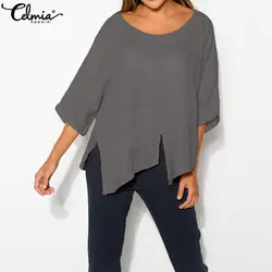 Celmia Винтаж для женщин топы корректирующие и блузки для малышек Лето 2019 г. Половина рукава свободные асимметричный подол рубашк