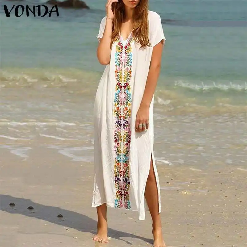 

VONDA Women Floral Bohemian Dress 2019 Summer Sexy V Neck Embroidered Short Sleeve Long Dresses White Casual Vestidos Plus Size