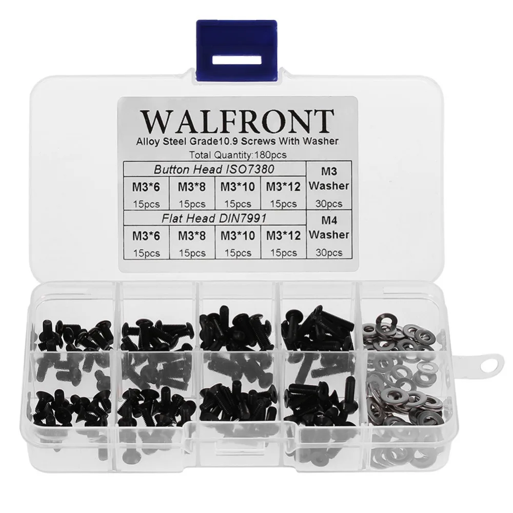 

180pcs/set Hex Socket Button Head Screws Flat M3 M4 Countersunk Head Screws Washers Assortment Kit Fastener Hardware with Box