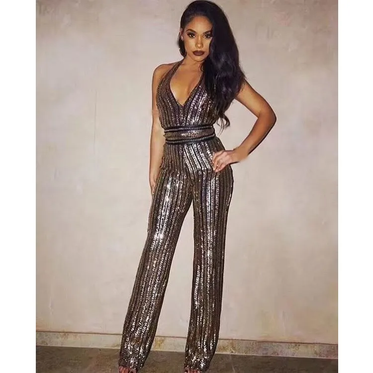 Women Halter Deep V Neck High Waist Slim Night Club Overalls Spaghetti Straps Sexy Backless Rompers Sleeveless Sequined Jumpsuit