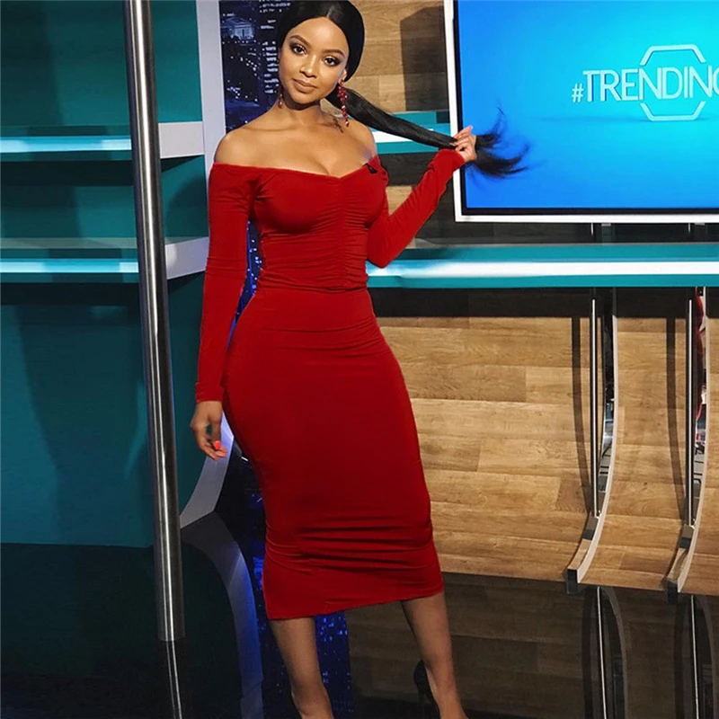 

Women Sexy Bodycon Long Sleeve Dresses Women's Autumn Spring Slash Neck Off Shoulder Long Midi Dress Elastic Slim Party Dress