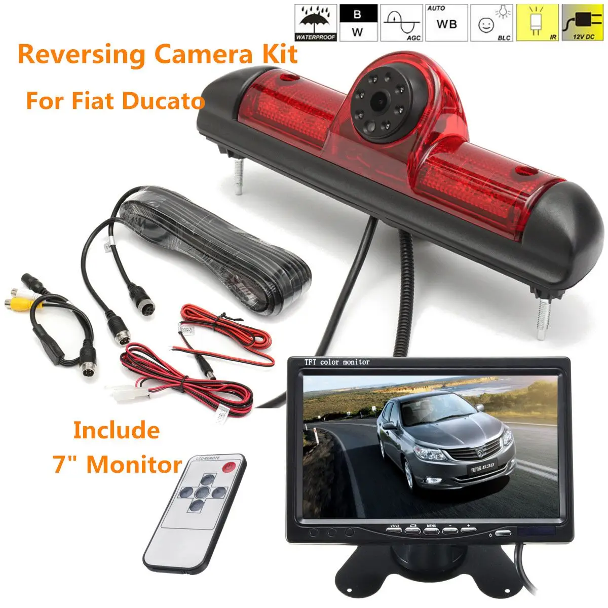 

170 Degree Car Auto Rear View Backup Parking Reverse Camera Brake Light Night Vision + 7Inch Monitor For Fiat Ducato Waterproof
