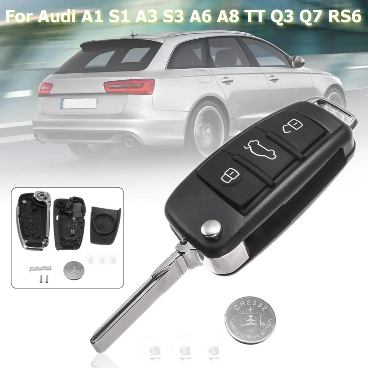 

For Audi A3 A4 A6 A8 Q7 TT 1997-2018 2017 2016 2015 2014 2013 2012 2011 2010 3 Buttons Remote Key Fob Case Shell With Battery
