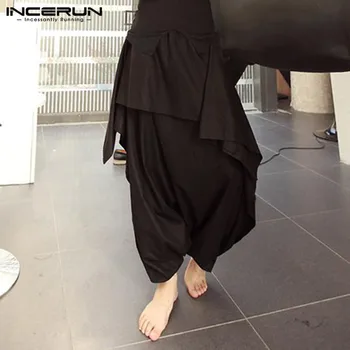 

2020 Men Harem Pants Hip-hop Loose Solid Color Joggers Drop Crotch Cross-pants Trousers Men Baggy Streetwear Skirt Pants INCERUN