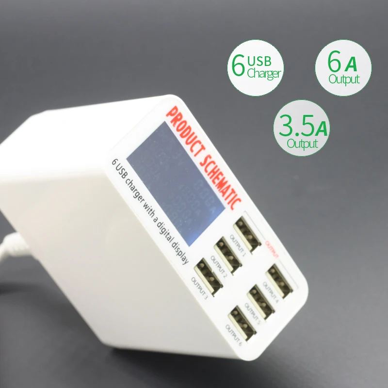 6A with LCD Digital Display 6 Port USB Charger Fast Quick Charge Smart Charging Station Adapter for Smart Phone Tablet PC