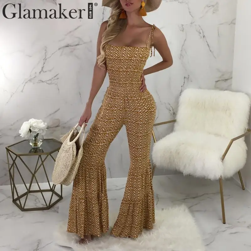 

Glamaker Sexy strap wide leg long jumpsuit Women summer high waist bodycon jumpsuit rompers Female loose elegant party overalls