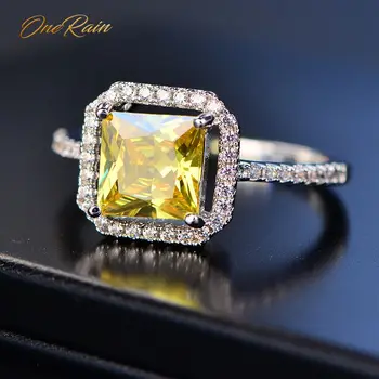 

OneRain Luxury 100% 925 Sterling Silver Citrine Gemstone Birthstone Wedding Engagement Cocktail Women Ring Jewelry Wholesale