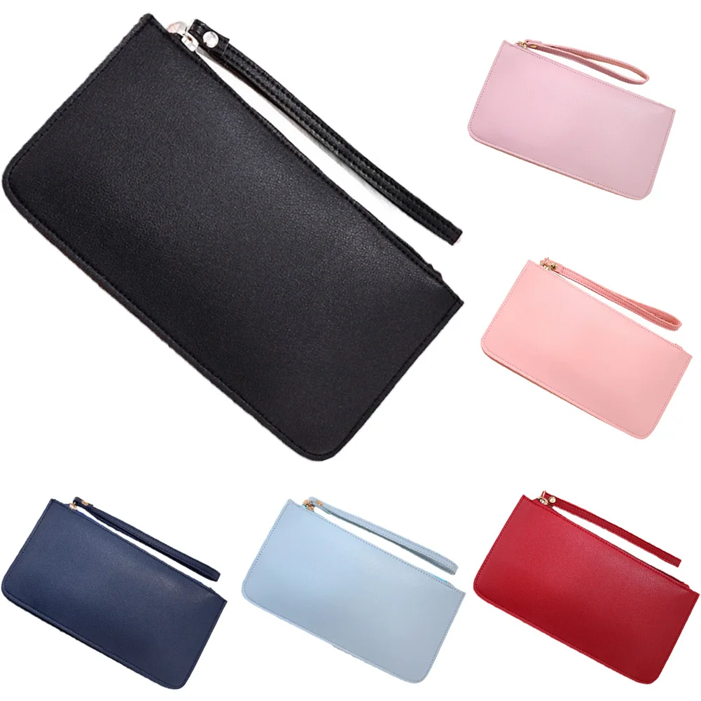 Simple Designer Zipper Women Leather Slim Wallet Female Purse Clutch Thin Wristlet Phone Coin Credit Card Holder Dollar