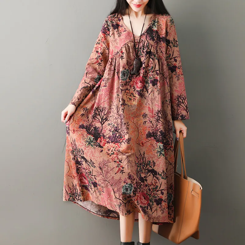 

#3933 Spring Vintage Long Sleeve Dress Women Cotton Linen Floral Print Large Size Loose Office Lady Dress Vintage Chinese Style
