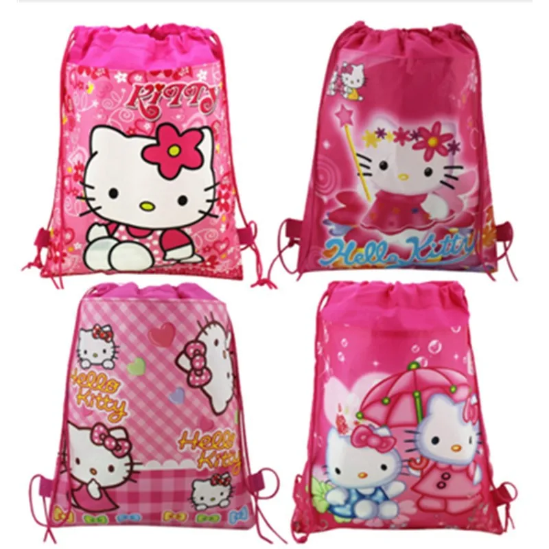 

12pc Hello Kitty Cat Drawstring Backpack Non-Woven Fabric Loot Bag Gift Bag Theme Party For Kids Boy Girl Birthday Decoration