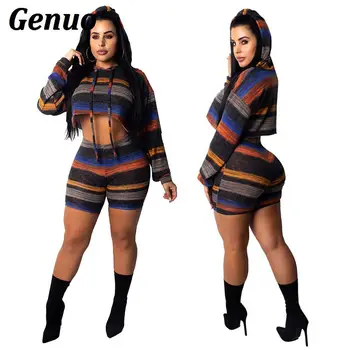 

Genuo Casual Two Piece Set Short Hooded Pullover Top And Pant Set Color Block 2 Piece Set Outfit Women Fashion Club Trackuit