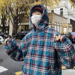 2018 корейские зимние мужские модные решетки утолщенный пуловер хлопковая стеганая одежда Свободная Повседневная синяя/красная теплая