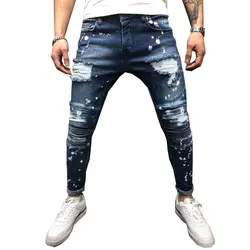 Для мужчин джинсы для женщин стрейч разрушенные рваные краски точка дизайн модные ботильоны молния узкие джинсы мужчин
